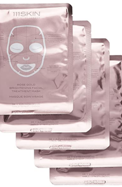 A product image of 111 Skin Rose Gold Brightening Facial Treatment Masks on a white background