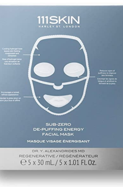 A packaging image of 111SKIN Sub-Zero de-Puffing Energy Facial Masks on a white background