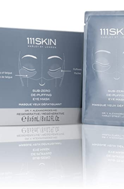 A product and packaging image of 111SKIN Sub-Zero de-Puffing Eye Masks on a white background